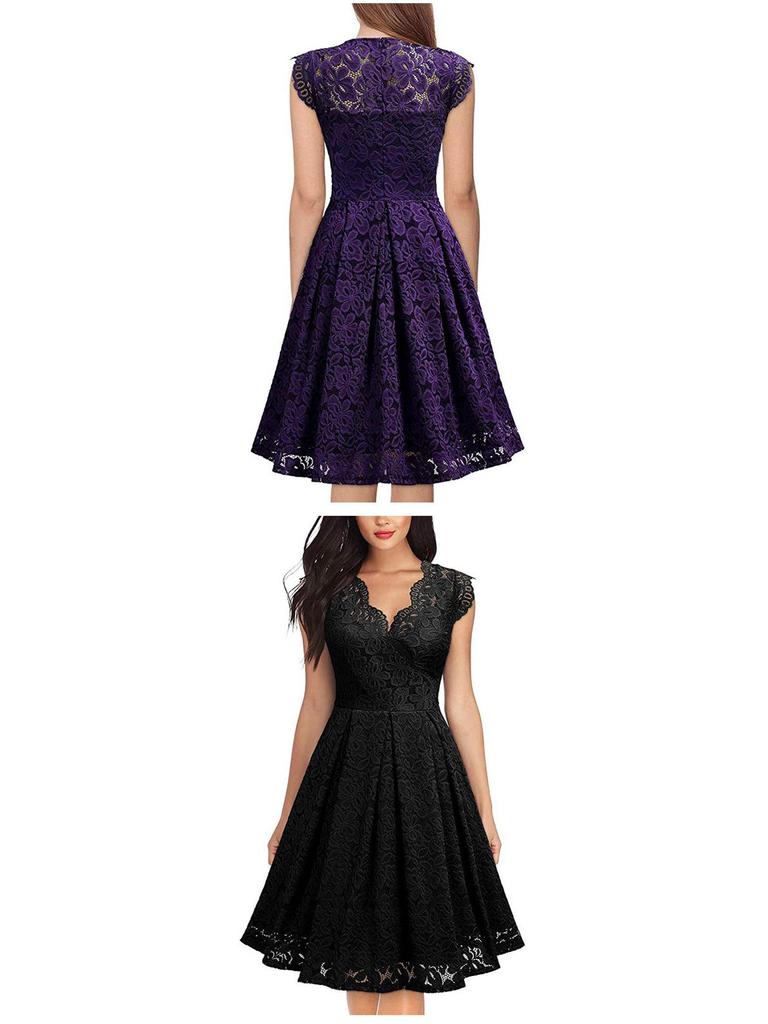 2024 Retro Lace V-Neck Sleeveless Cocktail Dress with Big Swing