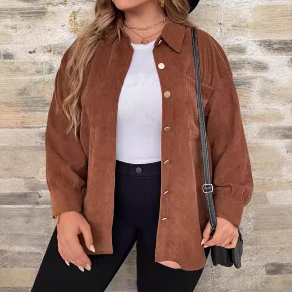 

Осенняя женская повседневная однотонная рубашка с длинным рукавом в рубчик большого размера 4XL кофейный