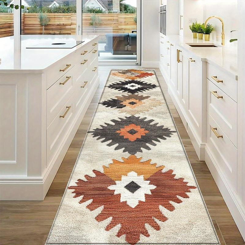 Boho Kitchen Rug Non-Slip Washable Diamond Pattern Soft Cushion Floor Carpet for Bedroom Entryway Home