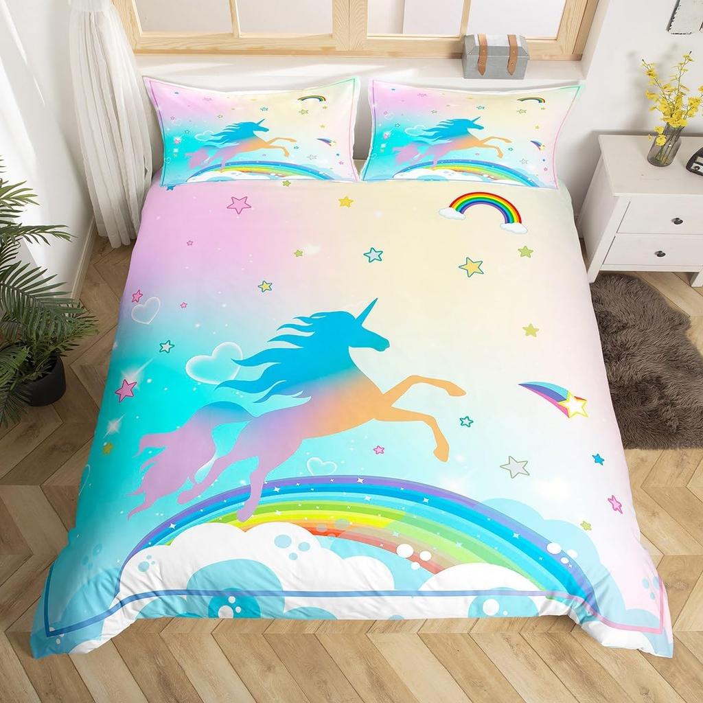 Comforter Kawaii Cartoon Unicorn Girly Fantasy Star Moon Galaxy Bedding Set Twin Queen Size Microfiber Comforter