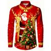 Men Turn‑Down Collar Long Sleeve Button‑Up Shirt Santa Reindeer Tree Gift Bell Print Christmas Party Top