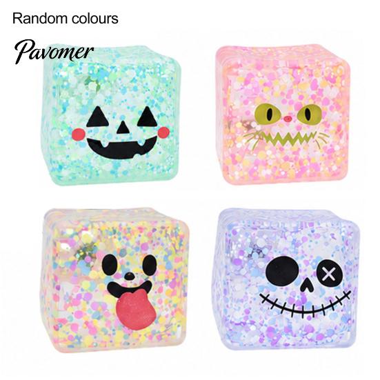 Gifts for Holiday Parties Halloween Squeeze Toy with Glitter & Light Up, Maltose Cube Sensory Fidget Colorful TPR Cubes Stress Relief, Slow