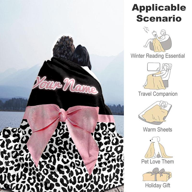 1PC Custom Name Pink Bow Leopard Print Flannel blankets Patterns Throw Blanket All-Season Soft Gift for Couch, Bed, Camping gifts
