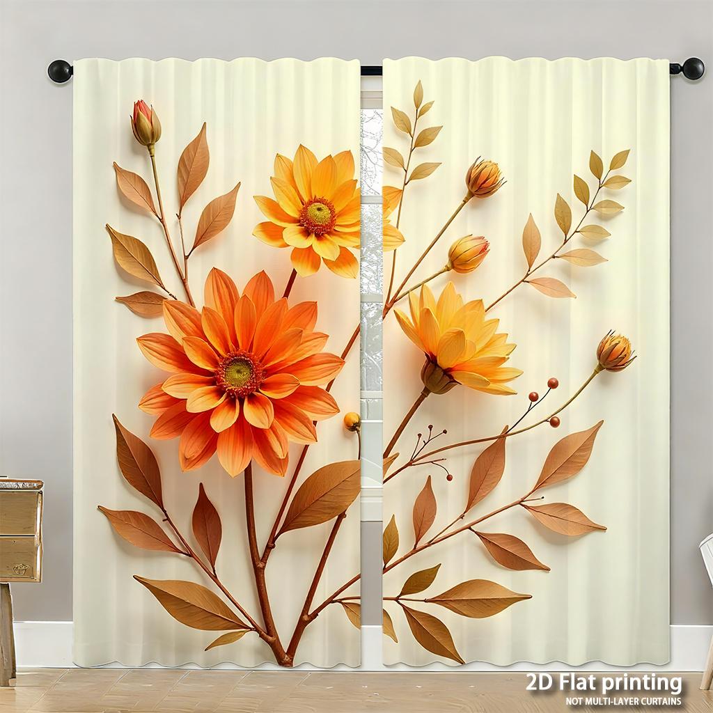 Piece Set High Definition Digital Printed Curtainsautumnpumpkinsorangewhiteleavesfallstylehome Decoration Style Curtain Made Of Polyester