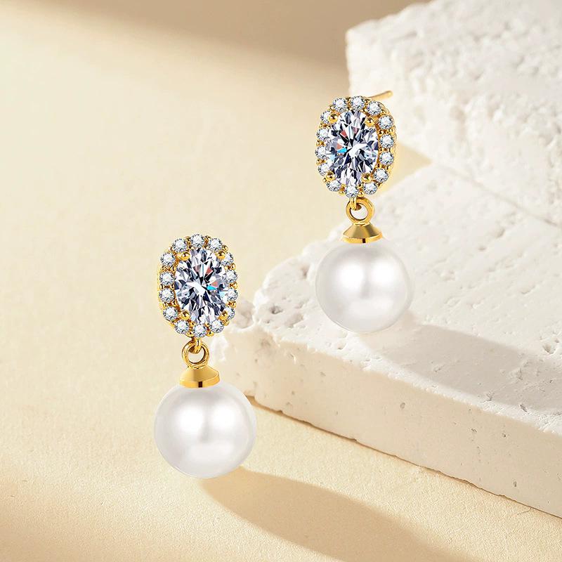 French Retro Pearl and Rhinestone Dangle Earrings - Elegant High-Class Design Studs