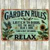 1PC Vintage-Style Garden Rules Tin Sign - Relaxing Quote with Birds, Sunflowers & Butterflies,Durable Metal Wall Art for Outdoor