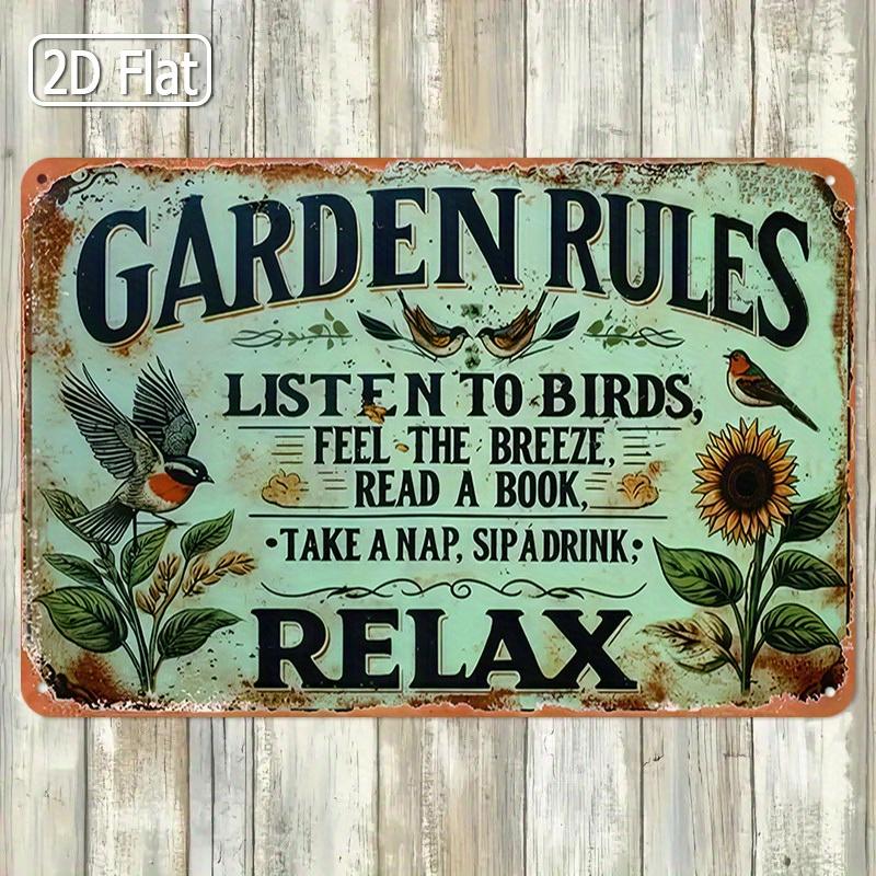 1PC Vintage-Style Garden Rules Tin Sign - Relaxing Quote with Birds, Sunflowers & Butterflies,Durable Metal Wall Art for Outdoor