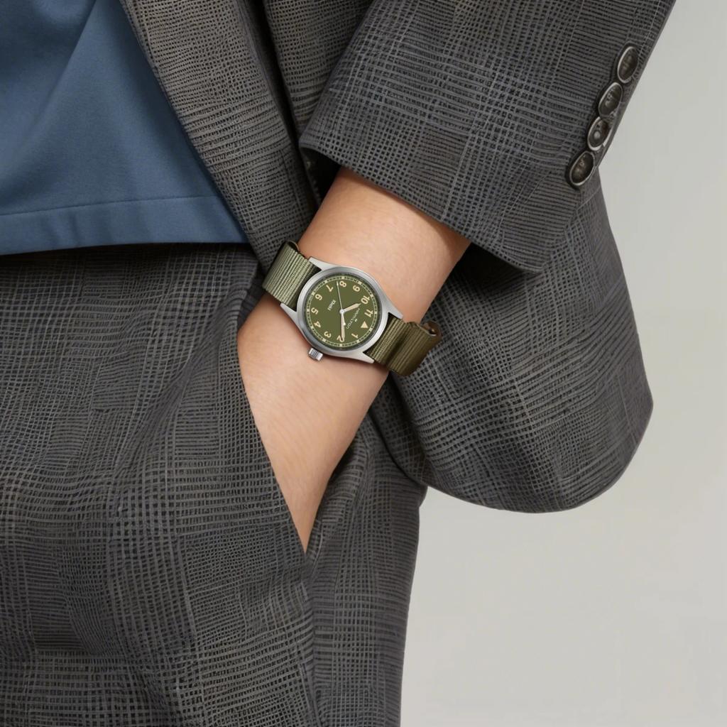 Hamilton Khaki Field Series Quartz Movement 50M Water Resistant Watch 38Mm Green Dial Stainless Steel Case Fabric Strap Unisex Watches H69401960