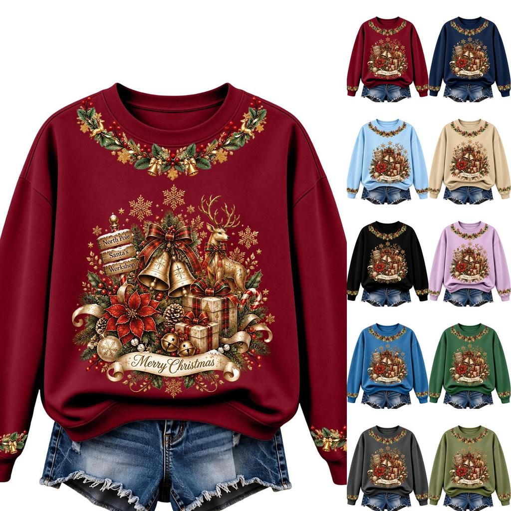 Women's Christmas Print Long Sleeve Top Casual Fall Winter Blouse for Holiday and Everyday Wear