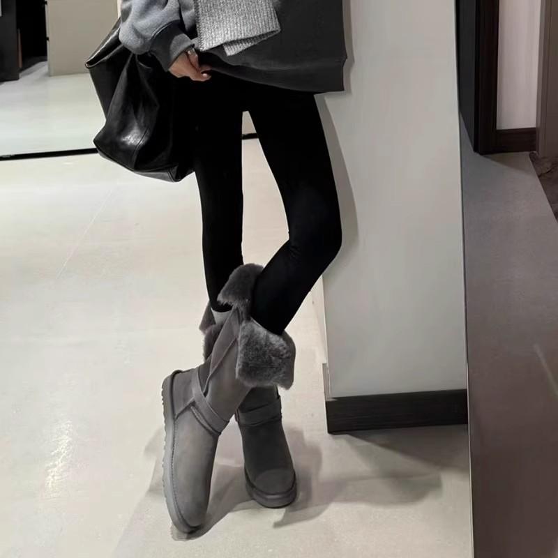 Graue Schneestiefel Damen 2025 neu retro runde Zehenpartie Schneestiefel flacher Boden Samt mittelhoher Schaft Schneeplüsch Baumwollschuhe Damen