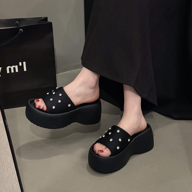 Summer new temperament rhinestone square head open-toed thick-soled cool slippers women wear height-increasing casual shoes