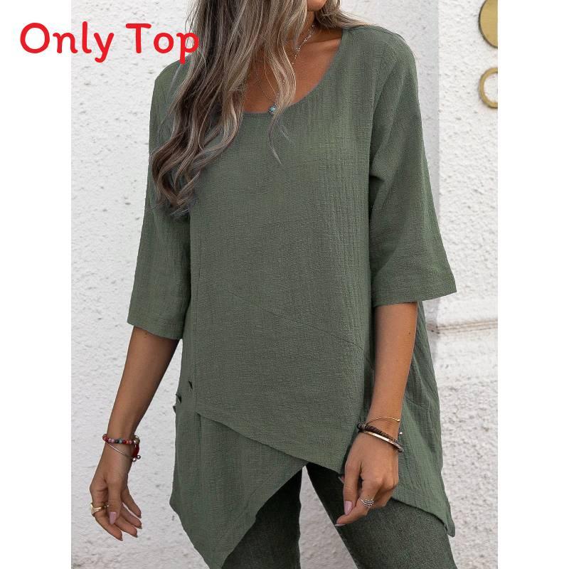 Camicia in Cotone e Lino Stile Bohémien Vestibilità Larga con Design Irregolare per Abbigliamento Casual Primaverile