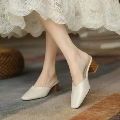 Summer Baotou Half Slippers Women  Slip On Solid Color Square Toe Thick High Heel Mule Women's Shoes