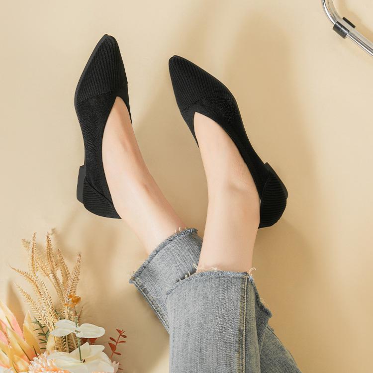 Pointed Toe Shallow Mouth Fabric Flat Bottom Women's Solid Knitted Soft Bottom Large Shoes Size 34-43