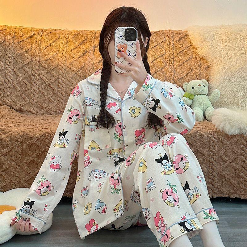 Cartoon Bear Spring and Autumn French Pajamas Female Cartoon Imitation Cotton Long-sleeved Trousers Cloud Cotton Casual Loungewear Set