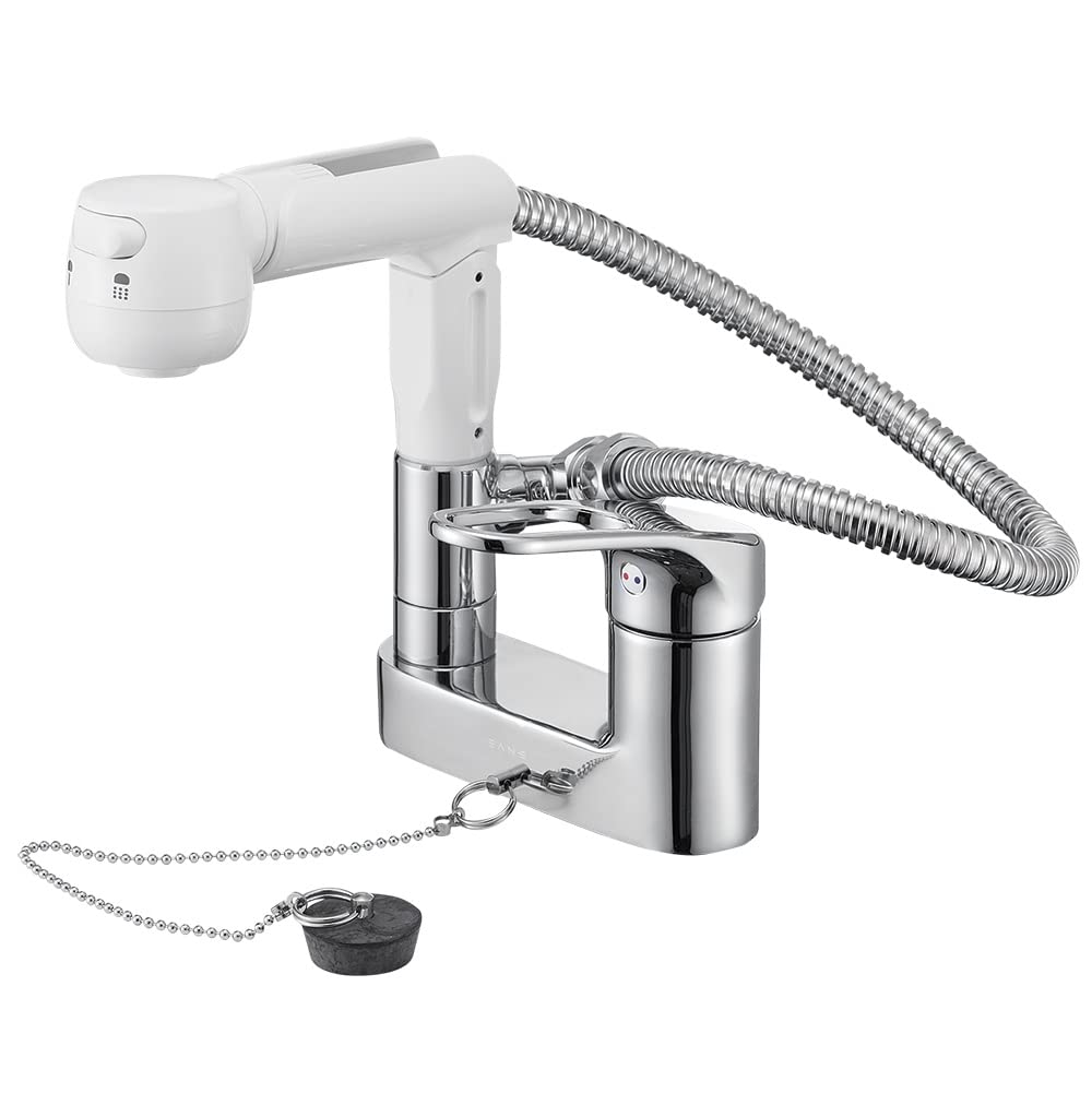 

SANEI Однорычажный смеситель с лейкой для мытья волос, основа из резины, для умывальника, на 2 отверстия, шланг 0,5 м, пробка, переключатель душ/струя, Япония, K37100R-W белый