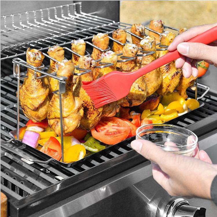 Foldable Stainless Steel BBQ Chicken Leg Rack with 14 Slots and Base Tray