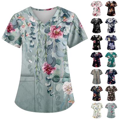 Modische bedruckte Damen-Arbeitsuniform mit Taschen-T-Shirt, kurzärmeliges Oberteil