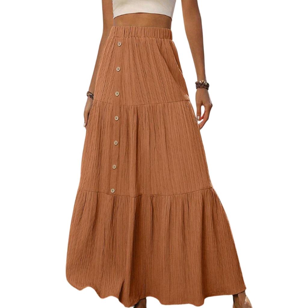 Damen Modischer Einfarbiger Elastischer Bund Knopf A-Linien-Rock