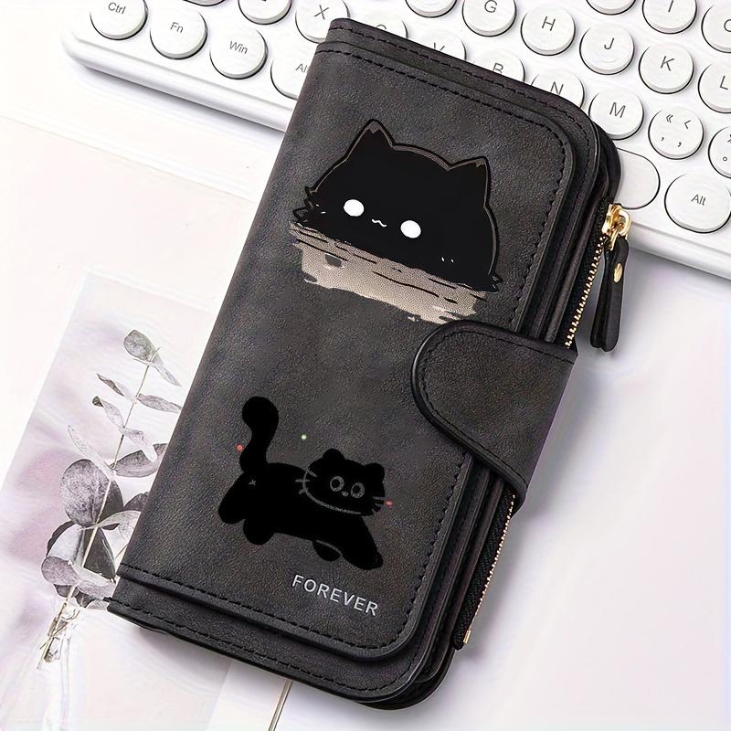 Women Multifunction Wallet with Cat Pattern Snap Button Coin Purse Billfold Card Holder for Outdoor Travel Daily Use Minimalist Couple Gift Gray