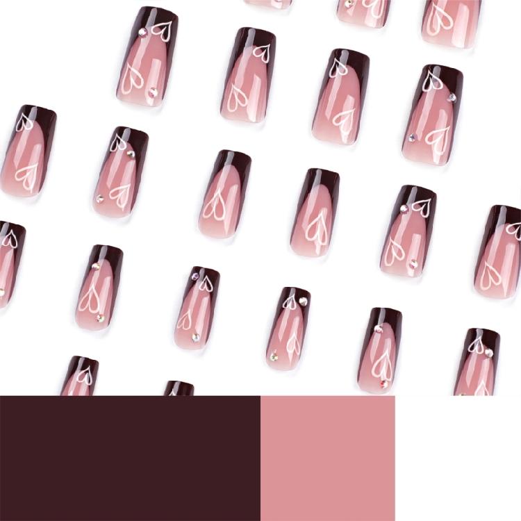 Valentine’s Day Medium Square Press On Nail with Brown French Heart Designs Stick On Nail Decoration for Women