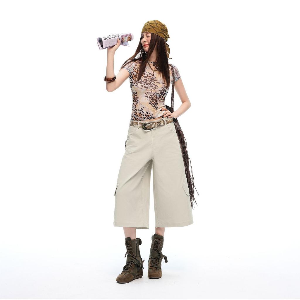 Fashion Summer Washed Drawstring Multi Pocket Cargo Cropped Capri Casual Pants For Women Trendy Versatile Loose Straight Slimming Street Outfit