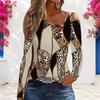 Women Plus Size Leopard Printed Asymmetric Cutout Neck Cold Shoulder Long Sleeve Fitted Top