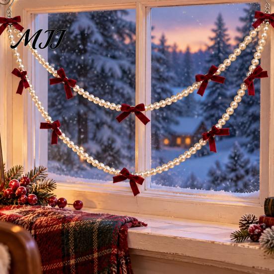 Burgundy Velvet Bow Decoration Christmas Faux Pearl Garland, 2 Layers Beads Decorative Bead Garland Hanging String Strand for Tree, Wreath, Fireplace,