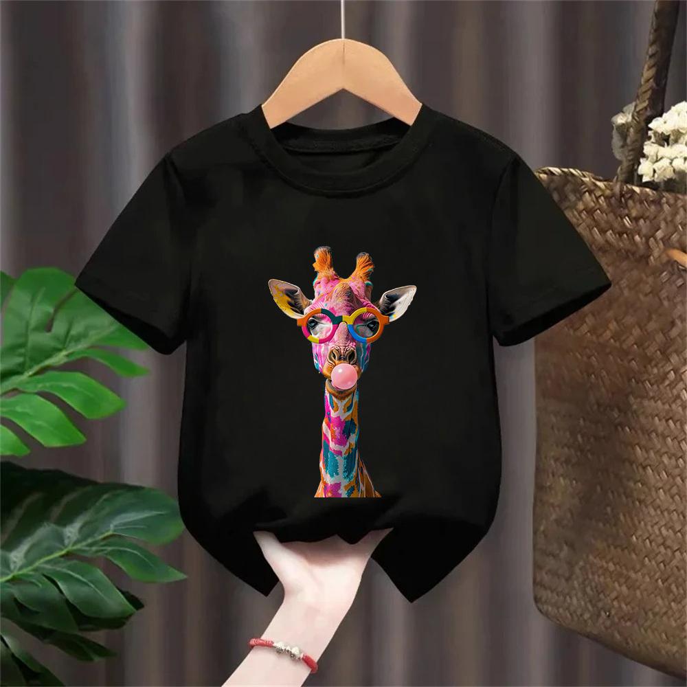 Y2k Giraffe with Gum Printed Short Sleeve T Shirts Animal Kids Childrens Tshirt Boys Girls Summer Spring Casual Top Tee Shirt