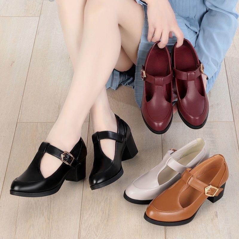 2025 Summer Soft Leather Non-slip Medium Heel T-shaped Buckle Leather Shoes High Heel Round Head Thick Heel Middle-aged Mother Single Shoes Women