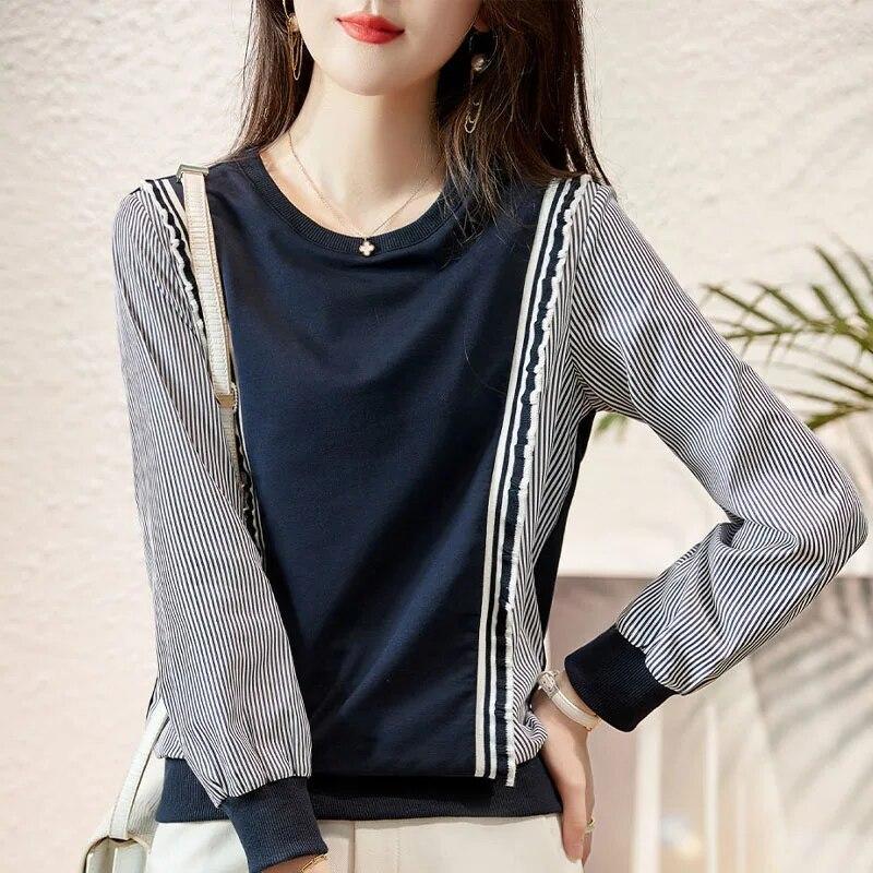 Spring and Autumn Fashion Versatile Slim Stripe Splice Fake Two Piece Long Sleeve Round Neck Loose Reducing Age Women's Sweater