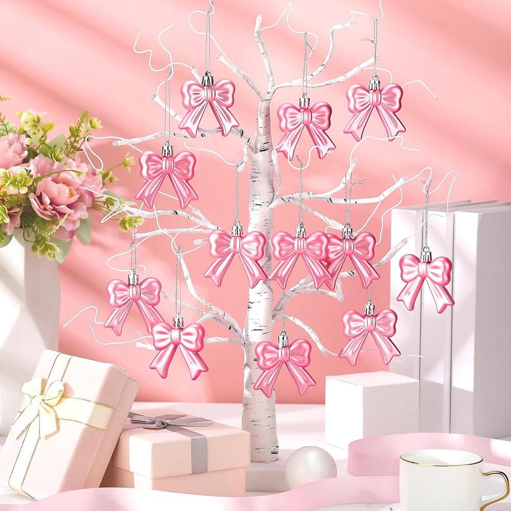 12 Pcs Pink Bow Ornament for Christmas Tree 3D Coquette Bow Hanging Bowknot Hanging Decoration for Xmas Tree Wedding Decor