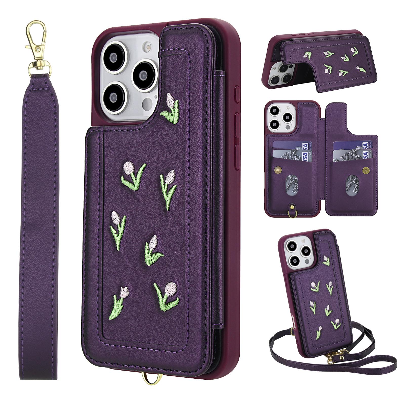 

For iPhone 16 Pro Max Case Embroidered Tulips PU Leather Card Holder Back Cover with Shoulder Strap/Wrist Strap Purple