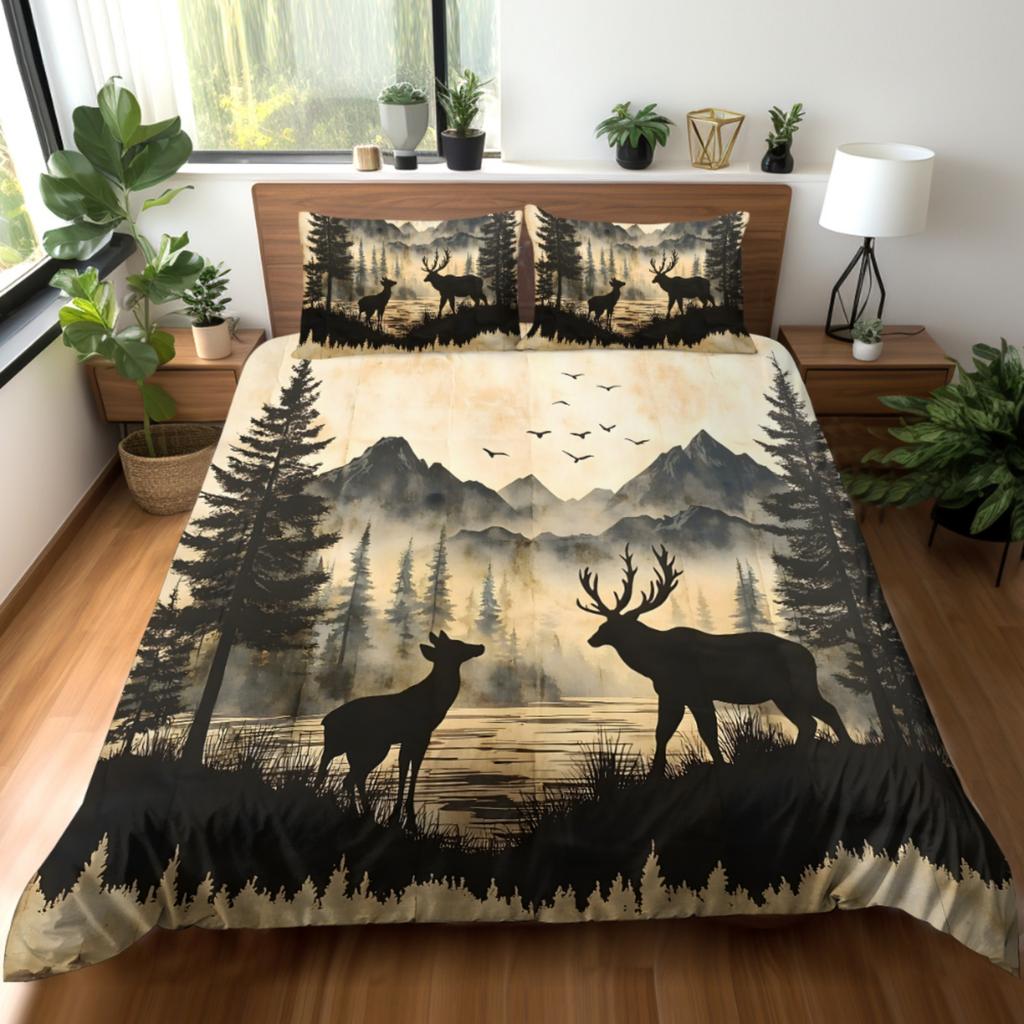 3D Hirsch am See Wald Muster Bettbezug Set Fantasy Thema Gewebtes Polyester Bettwäsche Mit 1 Bettbezug+1/ 2 Kissenbezügen