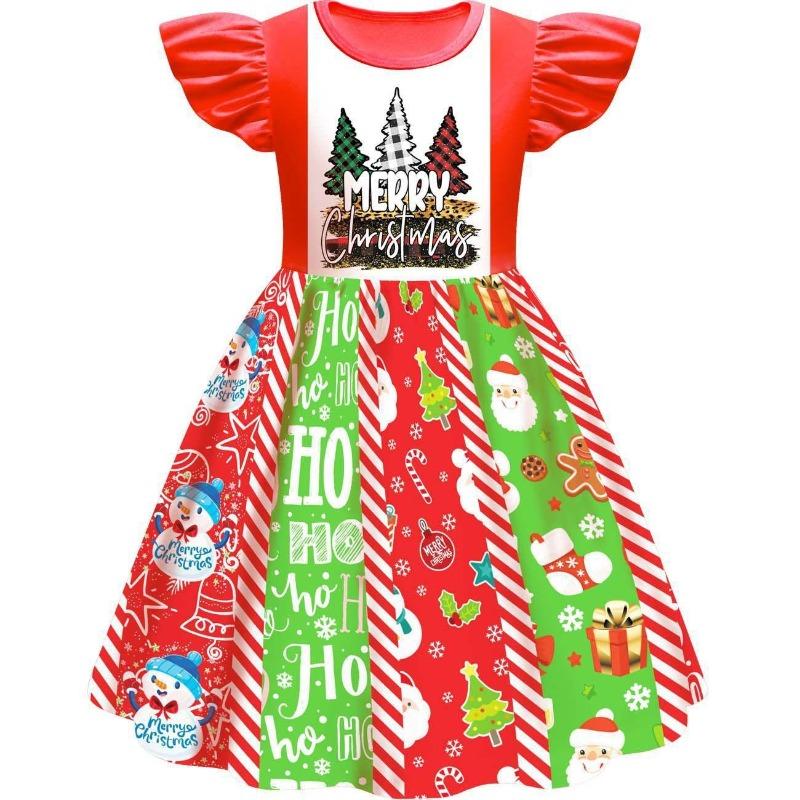 Christmas New Children'S Flying Sleeve Dress 3D Digital Printing Christmas Day Performance Dress