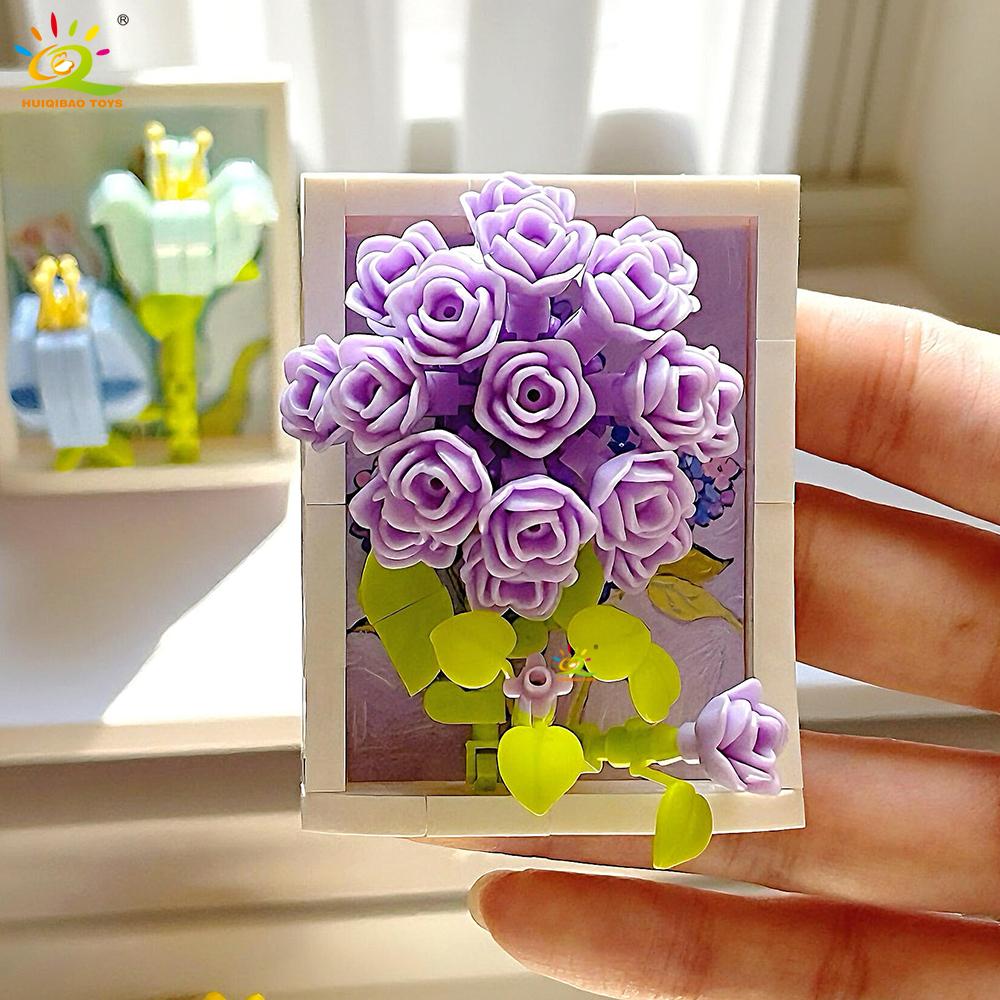 MOC Flower Po Frame Model Micro Building Block Sunflower Rose Mini Diamond Brick Toy for Children Desk Decor.