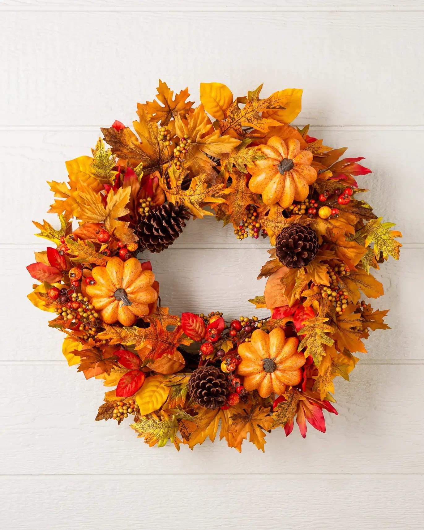 High Quality Eco-Friendly Graduation Thanksgiving Pumpkin Wreath Decorative Flowers Plants 45cm Silk Plastic Halloween Christmas 45cm