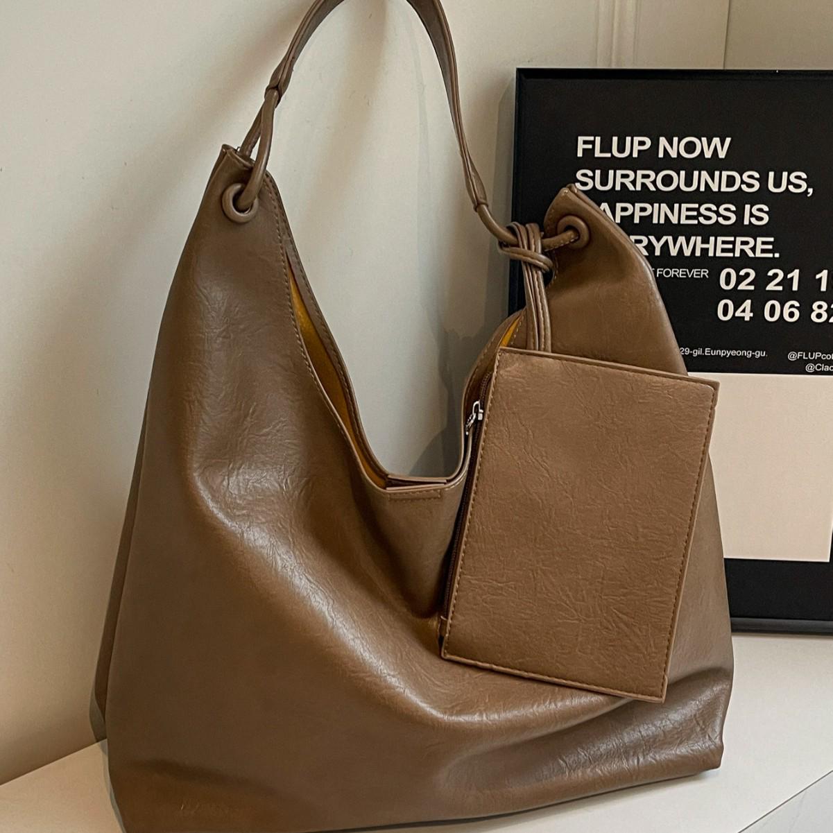 

2024 Retro High-End Women s Tote: Fashionable, Simple, Large Capacity Shoulder Bag for Work and Commute кавовий