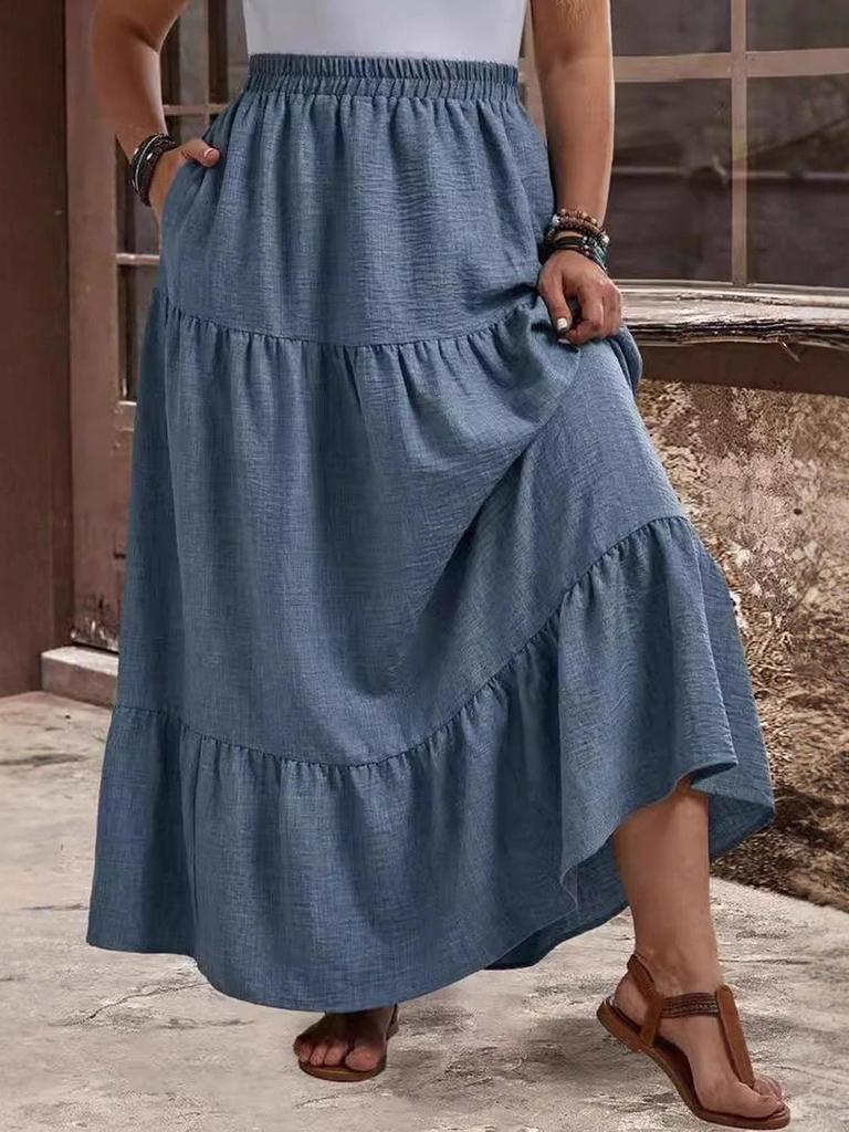 2025 Cross-Border Summer Plus Size Women's Solid Color Swing Skirt - Casual, Comfortable for Travel & Daily Wear