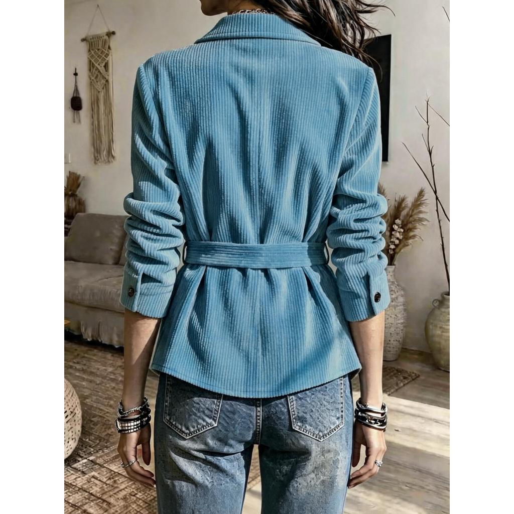 Autumn Winter Women's Corduroy Blazer Collar Solid Color Long Sleeve Coat With Belt, Casual Outerwear For Women