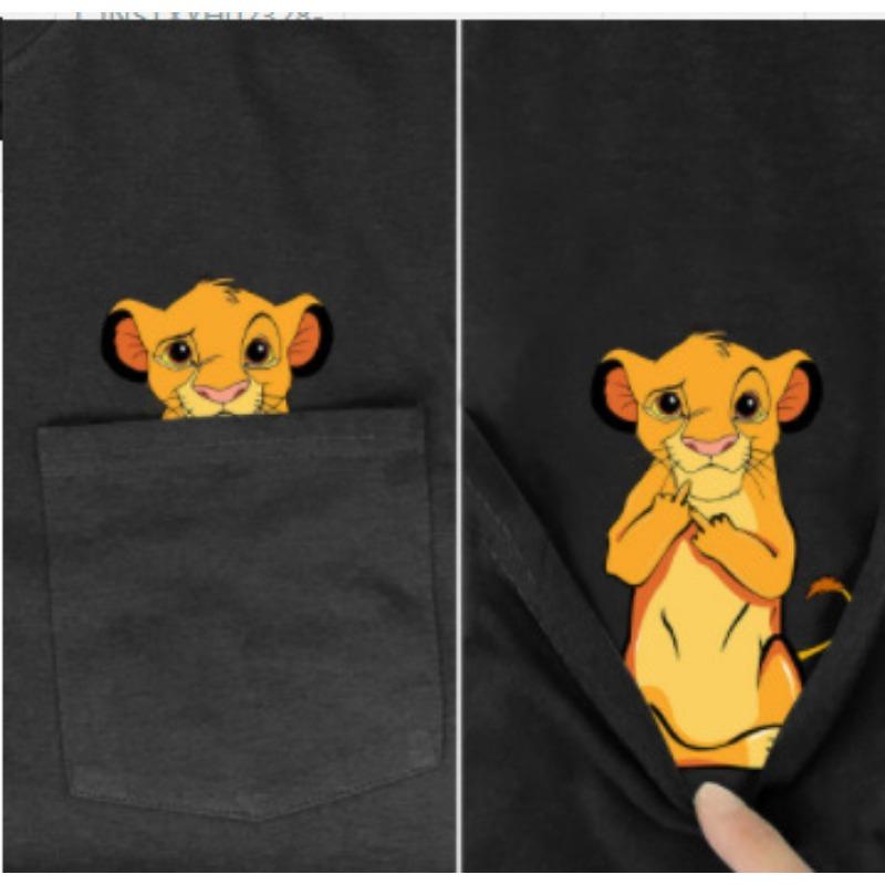 Summer Printed Pocket Animal Short Sleeved T-shirt Suitable for Both Men Women Cotton Black Round Neck Shirt T-Shirts Unisex