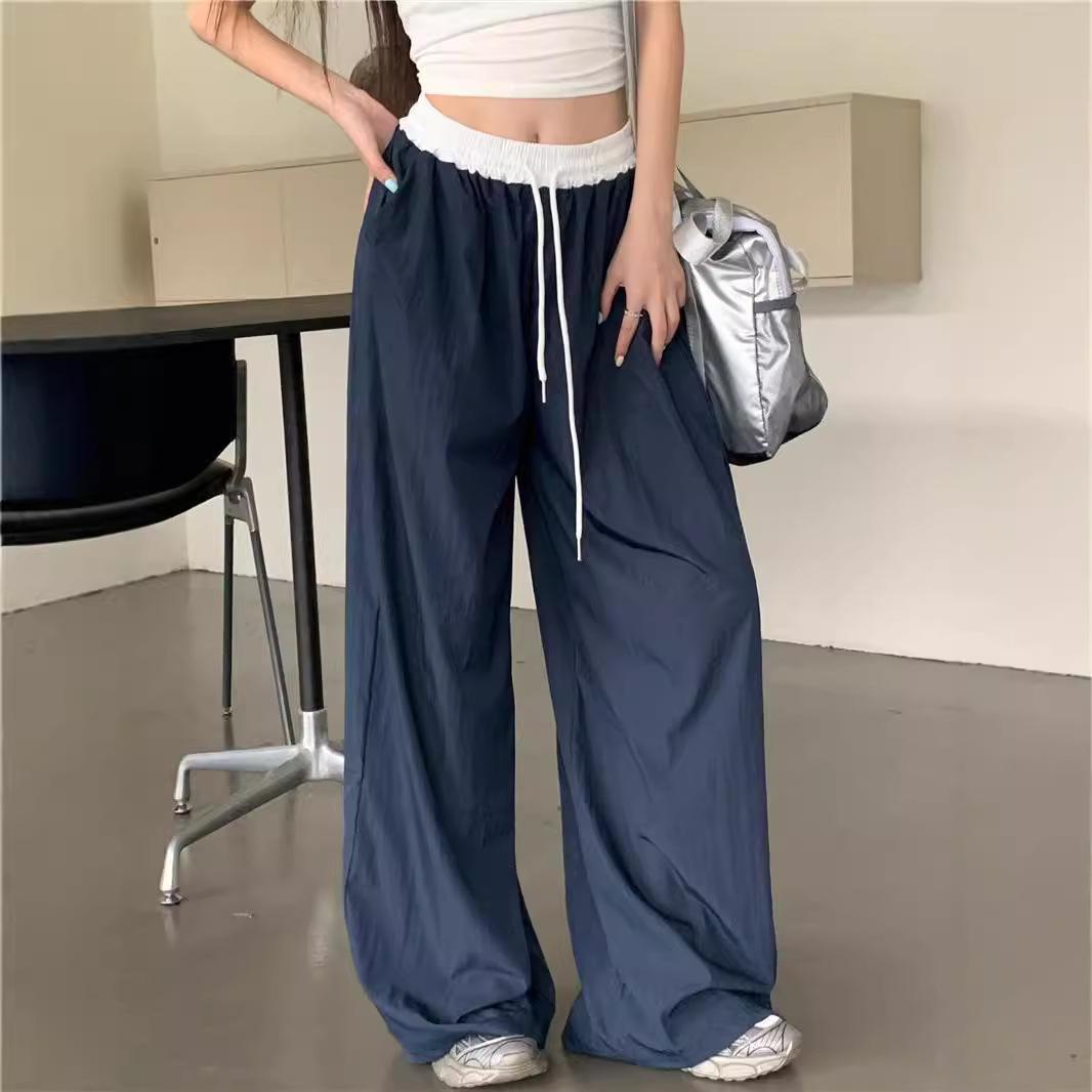 

Colorblocking Elastic Waist Loose Wide-legged Casual Trousers Female Summer Texture Drape Straight Mopping Trousers Hundred Trend 2XL чорний