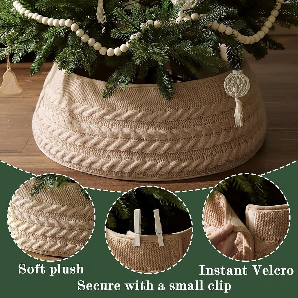 Beige Knitted Tree Collar, Farmhouse Twisted Flower Design. Perfect Holiday Desk Decor for a Merry Christmas!