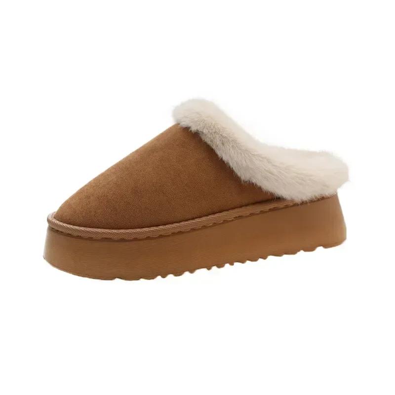 Women's Winter Fashionable Thick Soled Hooded Slippers, Plush Warm Cotton Shoes, Indoor and Outdoor Large-sized Cotton Slippers