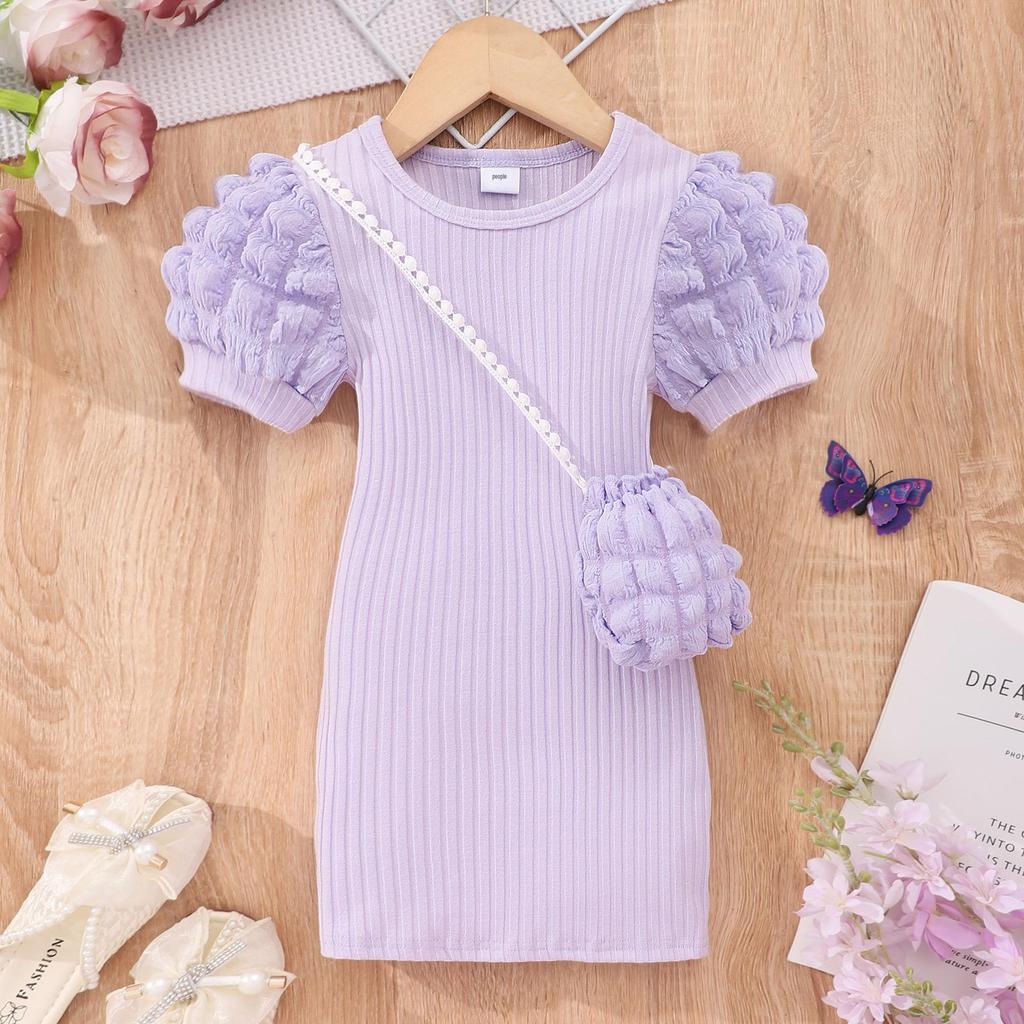 Kids' Lightweight Bubble Dress: Short Sleeve, Round Neck, Solid Color with Bubble Pockets