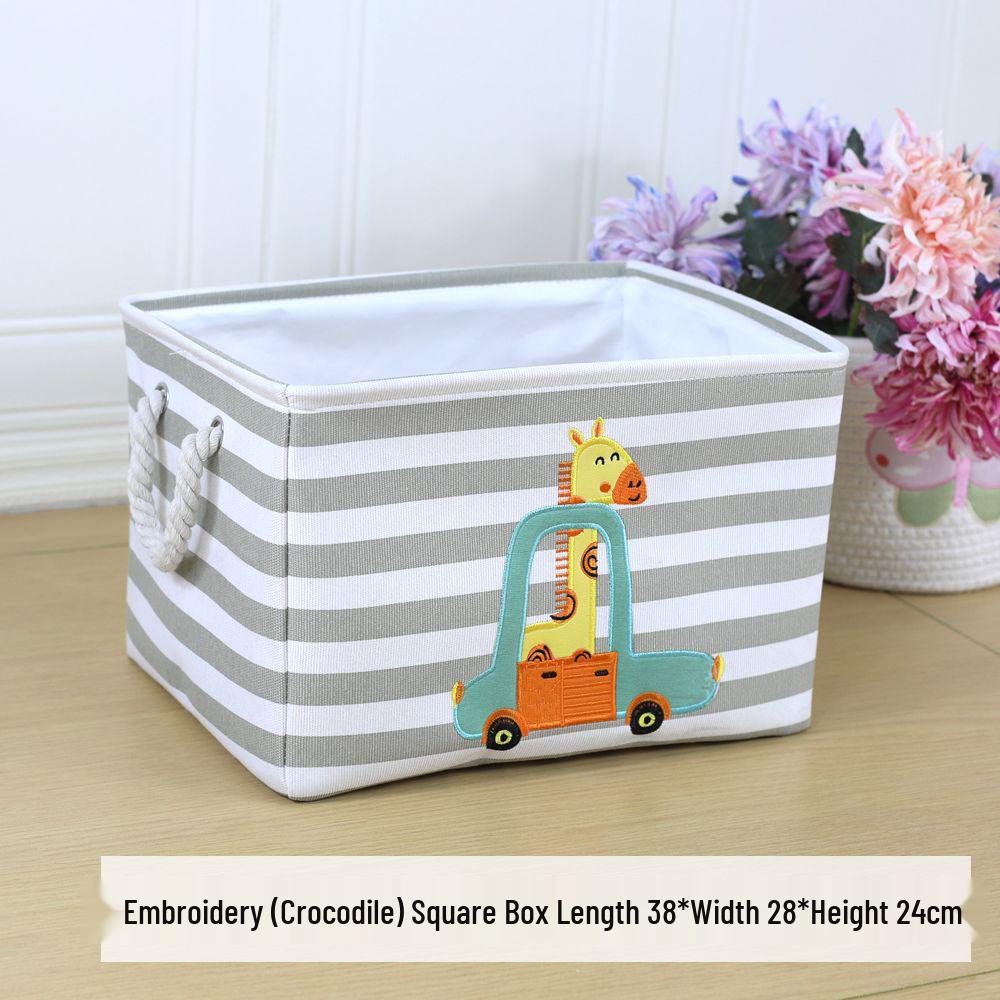 Children's Cartoon Embroidery Storage Bucket - Fabric Cotton Linen Organizer for Toys, Laundry, and Sundries.
