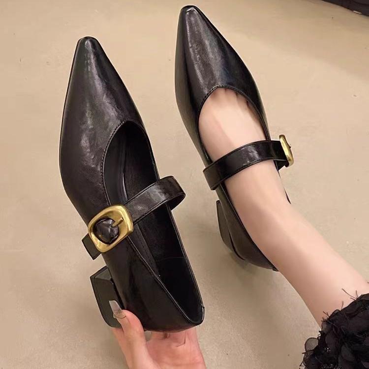 

Премиальные туфли Мэри Джейн женские весенне-осенние новые на толстом каблуке с мелким вырезом и перемычкой, темпераментные, для работы, остроносые женские туфли 35 чёрный