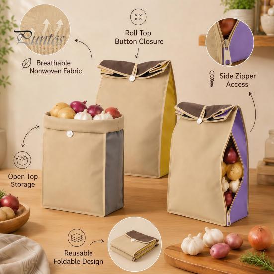 Flexible Vorratskammer-Aufbewahrungslösungen Selbstversiegelnder Kartoffelsack, Atmungsaktives Vliesstoff-Rollverschluss-System Langlebige Obst- und Gemüsebehälter Organizer, Wiederverwendbar