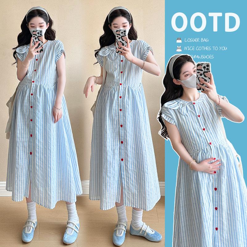 Elegant Retro Striped A-Line Maternity Dress with Round Neck and Red Buttons in Blue & White Jacquard Medium