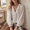 Skin-friendly Fabric Tops Women Chiffon Tops, Ruffle Splicing Collar V-Neck Blouse, Pure Color Loose Fit Summer Breathable Shirt Shirt, Lantern